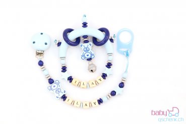 Nuggiketteli & Greifling Set mit Name Personal-Line Blau - Silber