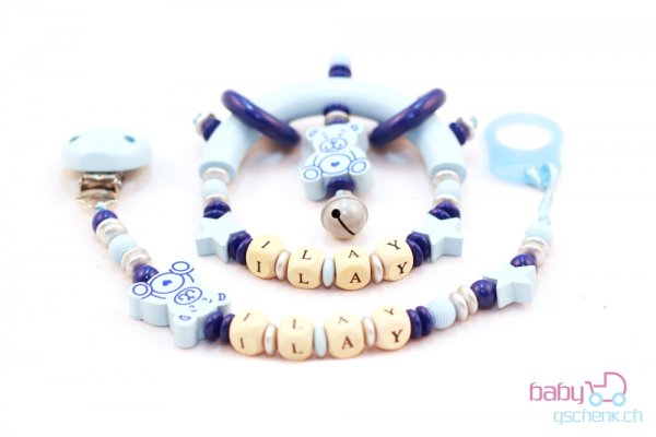Nuggiketteli & Greifling Set mit Name Personal-Line Blau - Silber