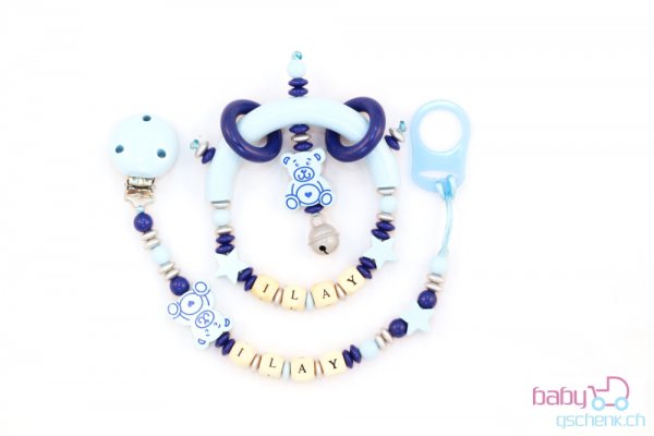 Nuggiketteli & Greifling Set mit Name Personal-Line Blau - Silber