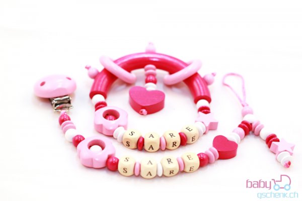 Nuggiketteli & Greifling Set mit Namen Personal-Line Rot - Rosa