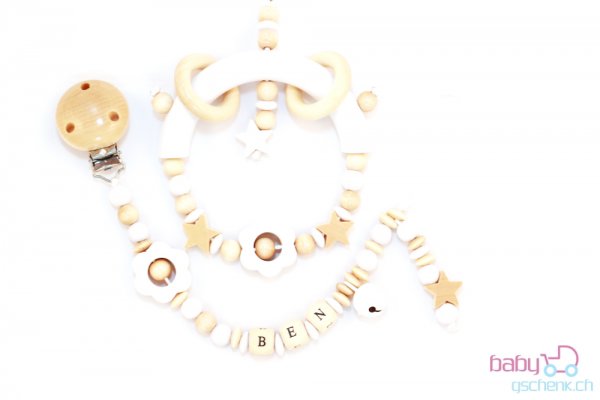 Nuggiketteli & Greifling Set mit Name Personal-Line Nature - Weiss